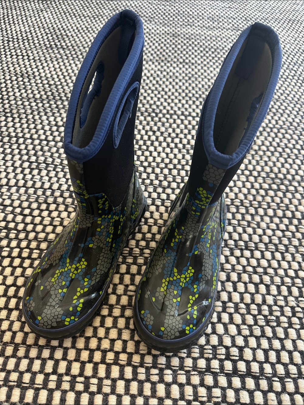 Bogs Kids Black Rain Boots with Blue and Lime Accents